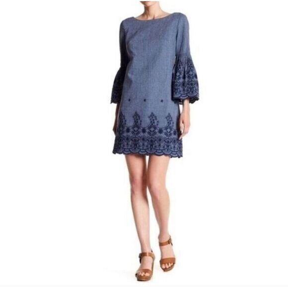 Eliza J Blue Chambray Embroidered Bell Sleeve Scallop Hem 100% Cotton Mini Dress - Picture 1 of 9